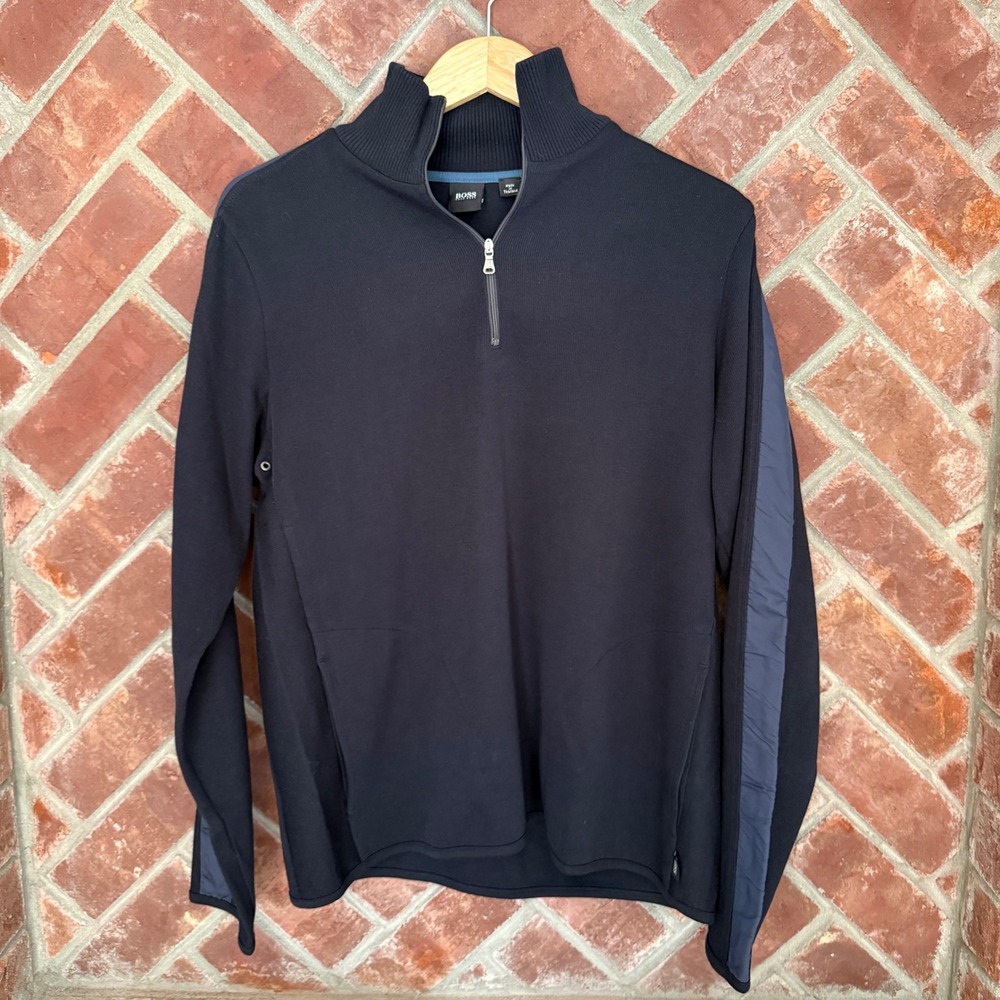 Hugo Boss Quarter Zip Pullover Men M Navy Blue Mixed Media Ribbed Knit Sweater